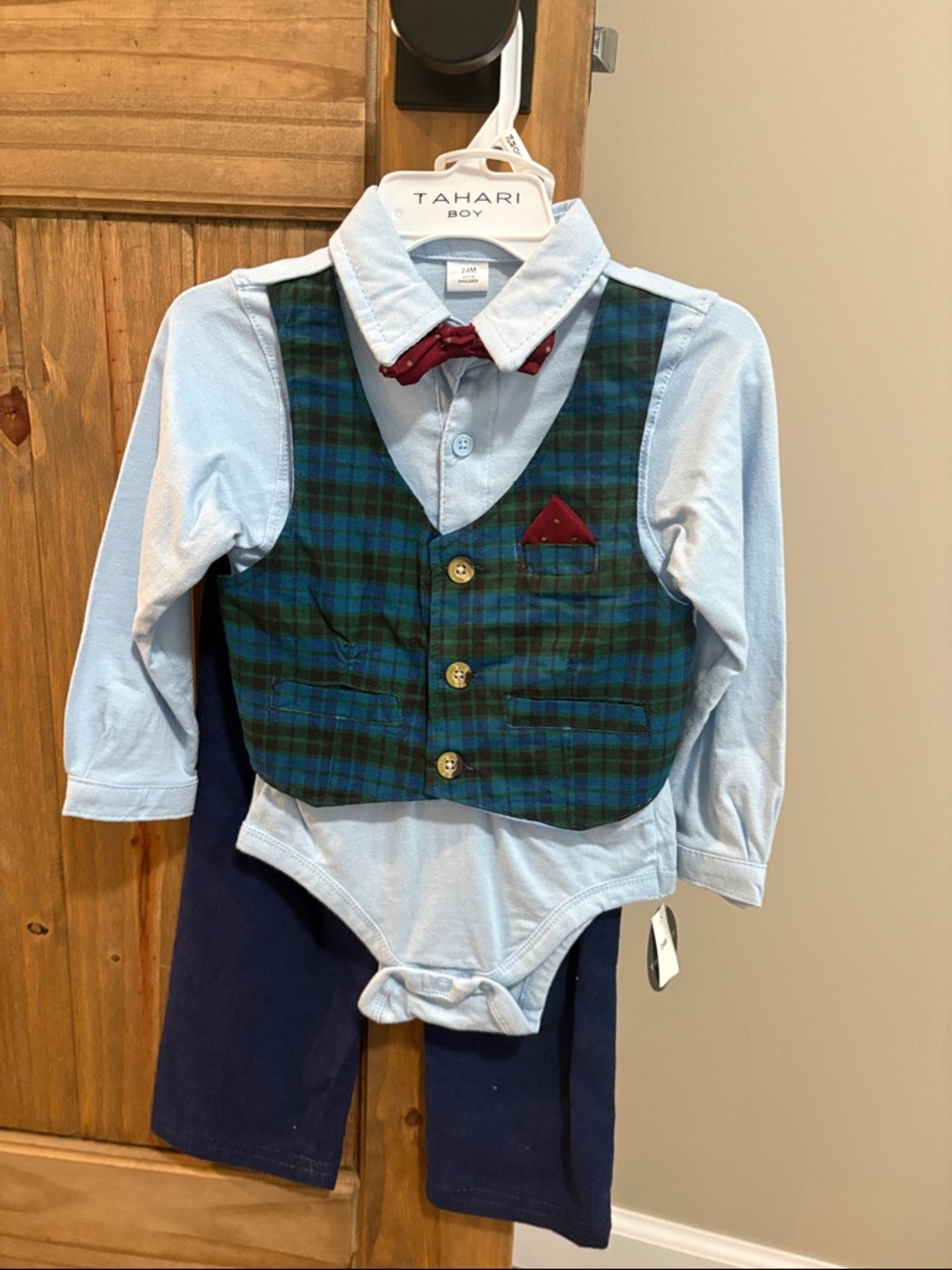 Tahari Light Blue Bodysuit with Green Plaid Vest and Red Bow Tie